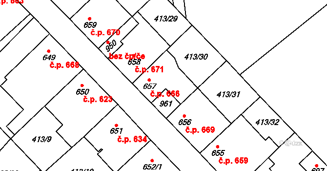 Lom 666 na parcele st. 657 v KÚ Lom u Mostu, Katastrální mapa