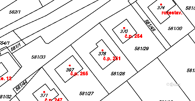 Podluhy 251 na parcele st. 378 v KÚ Podluhy, Katastrální mapa
