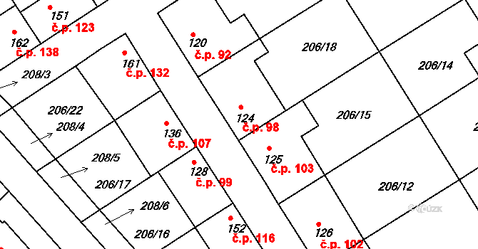 Dolany nad Vltavou 98 na parcele st. 124 v KÚ Dolany u Prahy, Katastrální mapa