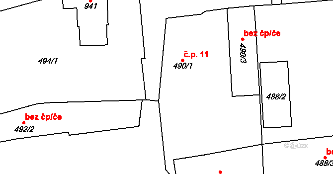 Bozdíš 11, Meclov na parcele st. 490/1 v KÚ Bozdíš, Katastrální mapa