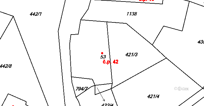Plískov 42 na parcele st. 53 v KÚ Plískov, Katastrální mapa