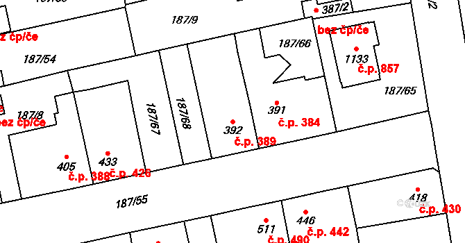 Svítkov 389, Pardubice na parcele st. 392 v KÚ Svítkov, Katastrální mapa