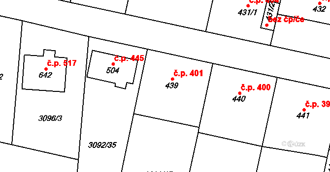Lysice 401 na parcele st. 439 v KÚ Lysice, Katastrální mapa