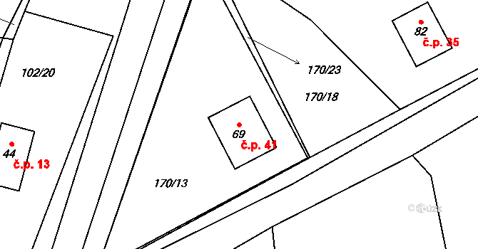 Ochoz u Tišnova 41 na parcele st. 69 v KÚ Ochoz u Tišnova, Katastrální mapa