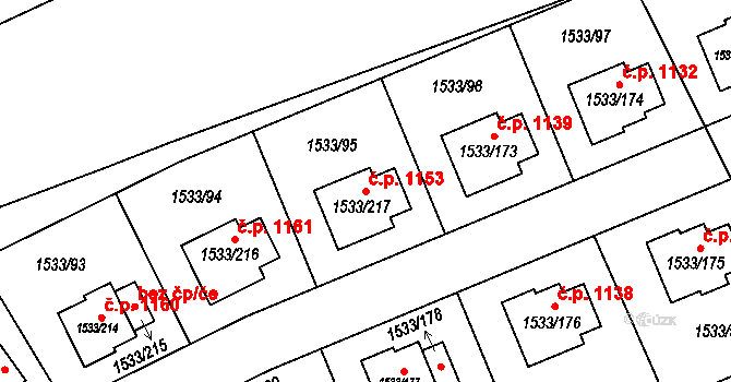 Řeporyje 1153, Praha na parcele st. 1533/217 v KÚ Řeporyje, Katastrální mapa