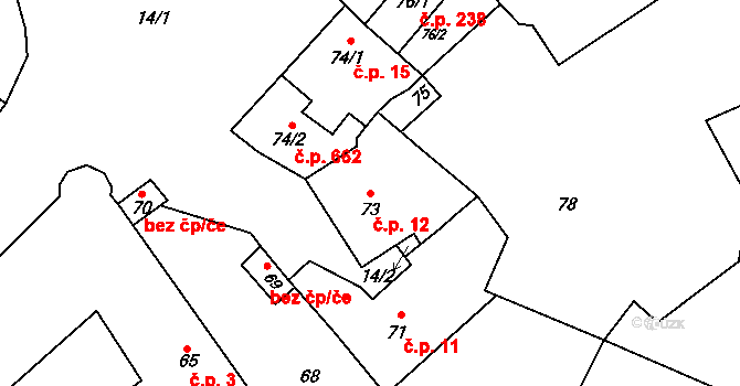 Rájec 12, Rájec-Jestřebí na parcele st. 73 v KÚ Rájec nad Svitavou, Katastrální mapa