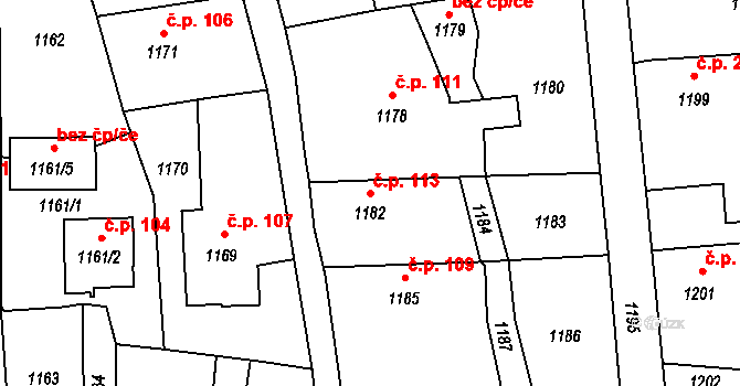 Postřelmov 113 na parcele st. 1182 v KÚ Postřelmov, Katastrální mapa