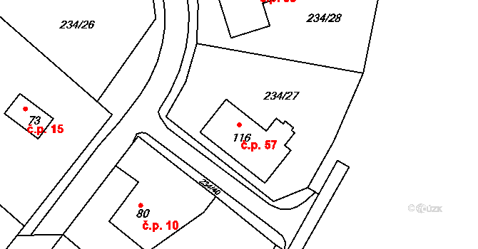 Hodíškov 57 na parcele st. 116 v KÚ Hodíškov, Katastrální mapa