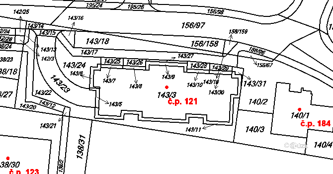Sadová 121, Brno na parcele st. 143/3 v KÚ Sadová, Katastrální mapa