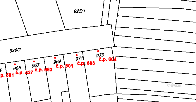 Klobouky u Brna 604 na parcele st. 973 v KÚ Klobouky u Brna, Katastrální mapa