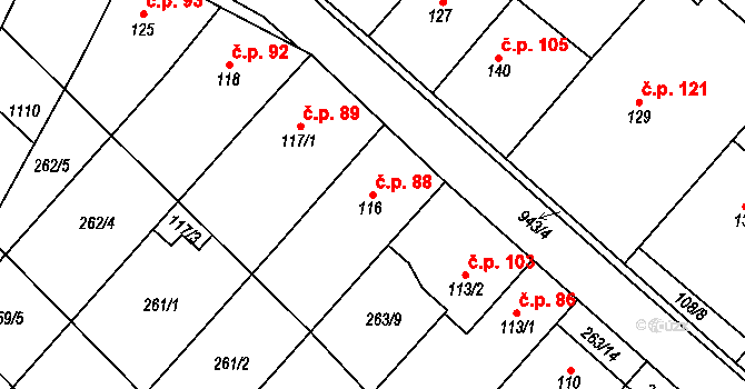 Hlinsko pod Hostýnem 88, Bystřice pod Hostýnem na parcele st. 116 v KÚ Hlinsko pod Hostýnem, Katastrální mapa