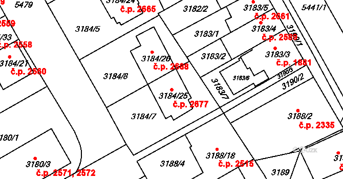 Znojmo 2677 na parcele st. 3184/25 v KÚ Znojmo-město, Katastrální mapa