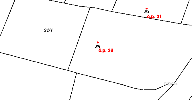 Týniště 26, Malešov na parcele st. 36 v KÚ Týniště u Malešova, Katastrální mapa