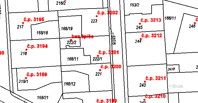 Jihlava 3201 na parcele st. 222/1 v KÚ Bedřichov u Jihlavy, Katastrální mapa