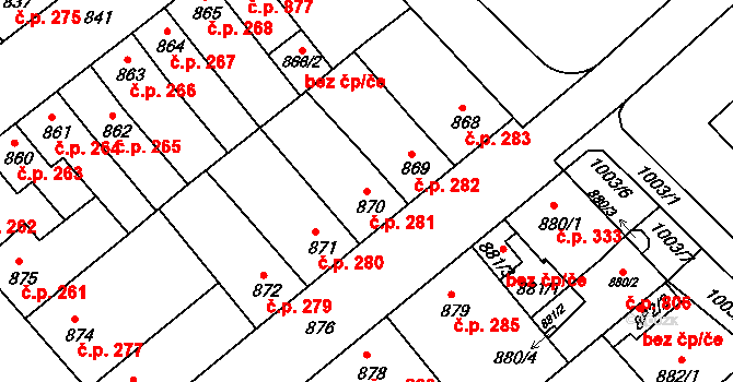 Chropyně 281 na parcele st. 870 v KÚ Chropyně, Katastrální mapa