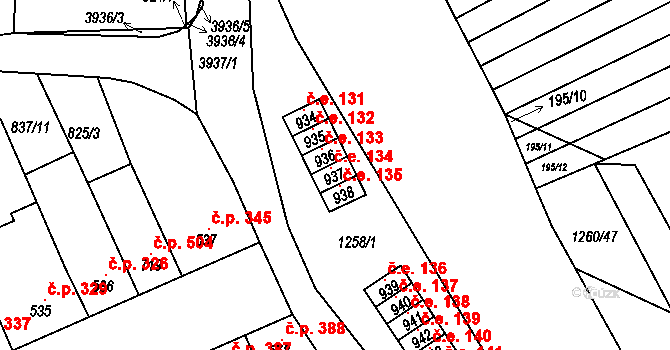 Pazderna 134, Vyškov na parcele st. 937 v KÚ Dědice u Vyškova, Katastrální mapa