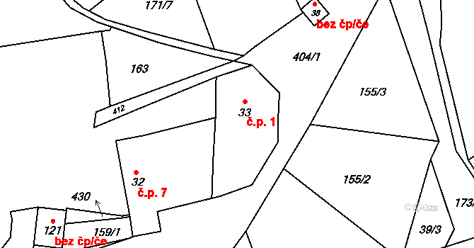 Dučice 1, Přerubenice na parcele st. 33 v KÚ Přerubenice, Katastrální mapa