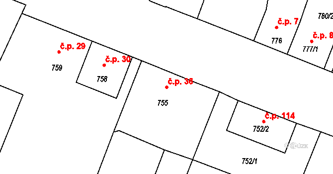 Mimoň V 36, Mimoň na parcele st. 755 v KÚ Mimoň, Katastrální mapa