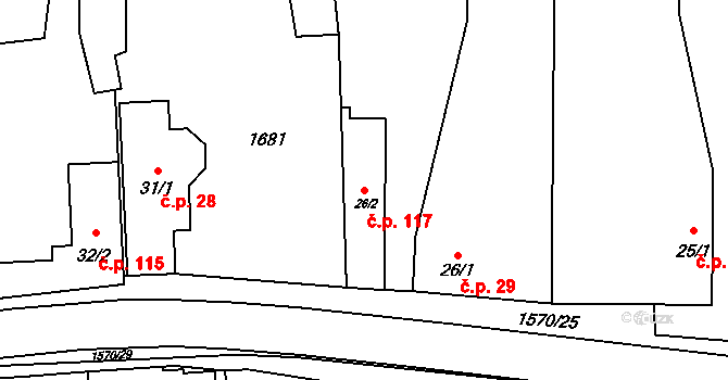 Kladeruby 117 na parcele st. 26/2 v KÚ Kladeruby, Katastrální mapa