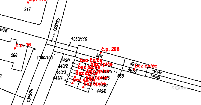 Malšice 286 na parcele st. 584 v KÚ Malšice, Katastrální mapa