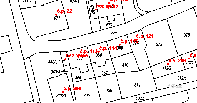 Chlumec 114 na parcele st. 368 v KÚ Chlumec u Chabařovic, Katastrální mapa
