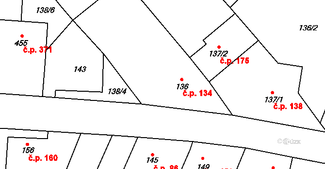 Loučeň 134 na parcele st. 136 v KÚ Loučeň, Katastrální mapa