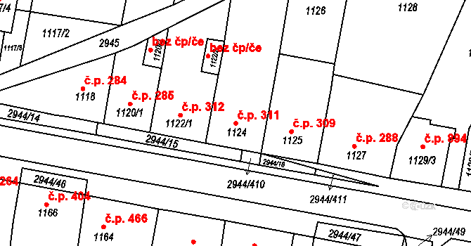 Žebětín 311, Brno na parcele st. 1124 v KÚ Žebětín, Katastrální mapa