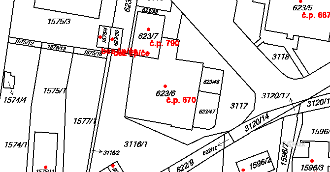 Jundrov 670, Brno na parcele st. 623/6 v KÚ Jundrov, Katastrální mapa