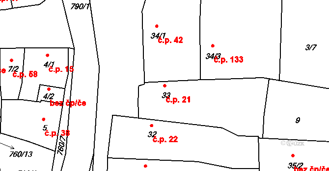 Vršovice 21 na parcele st. 33 v KÚ Vršovice u Loun, Katastrální mapa