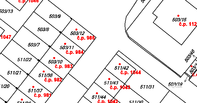 Mutěnice 985 na parcele st. 503/12 v KÚ Mutěnice, Katastrální mapa
