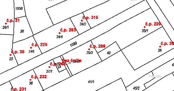 Žiželice 288 na parcele st. 35/2 v KÚ Žiželice nad Cidlinou, Katastrální mapa