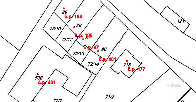 Čebín 101 na parcele st. 86 v KÚ Čebín, Katastrální mapa
