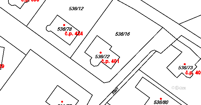 Brodek u Prostějova 401 na parcele st. 536/72 v KÚ Brodek u Prostějova, Katastrální mapa