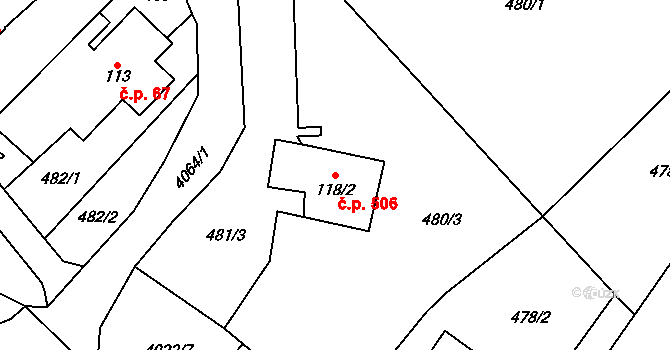 Horní Slavkov 506 na parcele st. 118/2 v KÚ Horní Slavkov, Katastrální mapa