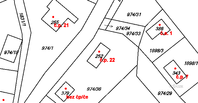 Lachovice 22, Vyšší Brod na parcele st. 252 v KÚ Hrudkov, Katastrální mapa