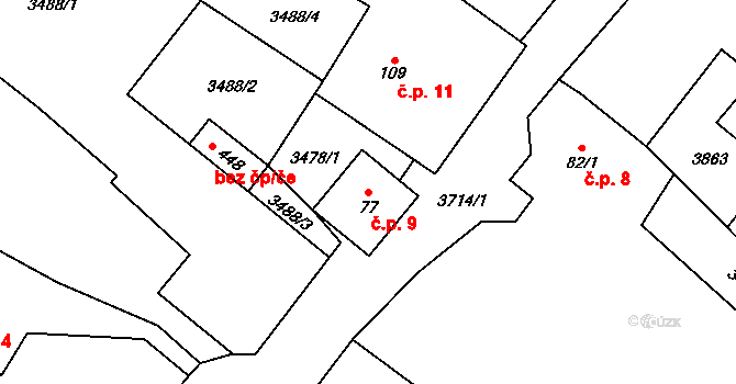 Podělusy 9, Týnec nad Sázavou na parcele st. 77 v KÚ Podělusy, Katastrální mapa