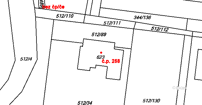 Bašť 258 na parcele st. 623 v KÚ Bašť, Katastrální mapa