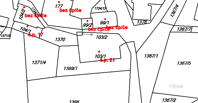 Vranov 21, Dražíč na parcele st. 103/1 v KÚ Dražíč, Katastrální mapa