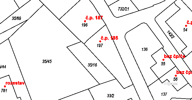 Ruprechtov 185 na parcele st. 197 v KÚ Ruprechtov, Katastrální mapa