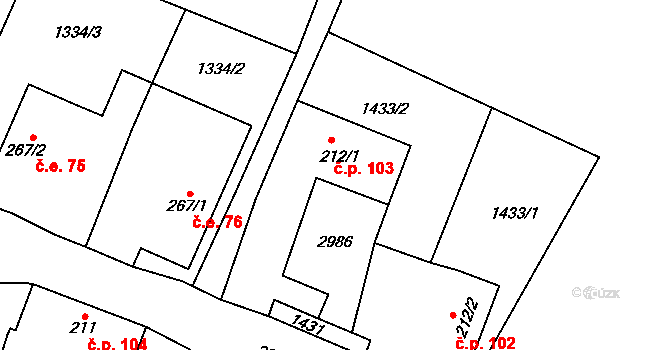 Melč 103 na parcele st. 212/1 v KÚ Melč, Katastrální mapa
