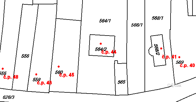 Oldřišov 44 na parcele st. 564/2 v KÚ Oldřišov, Katastrální mapa