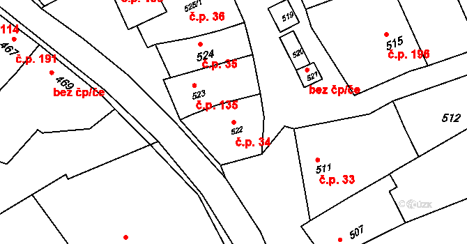 Kobeřice u Brna 34 na parcele st. 522 v KÚ Kobeřice u Brna, Katastrální mapa
