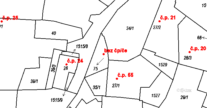 Bušanovice 46168087 na parcele st. 75 v KÚ Bušanovice, Katastrální mapa