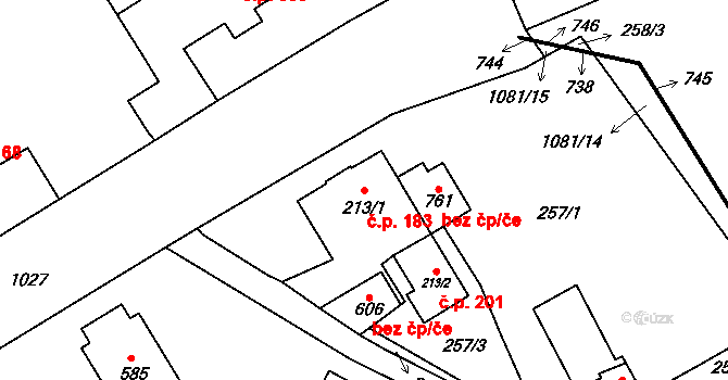 Hrochův Týnec 183 na parcele st. 213/1 v KÚ Hrochův Týnec, Katastrální mapa