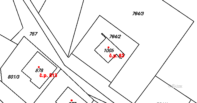 Hanušovice 63 na parcele st. 1005 v KÚ Hanušovice, Katastrální mapa