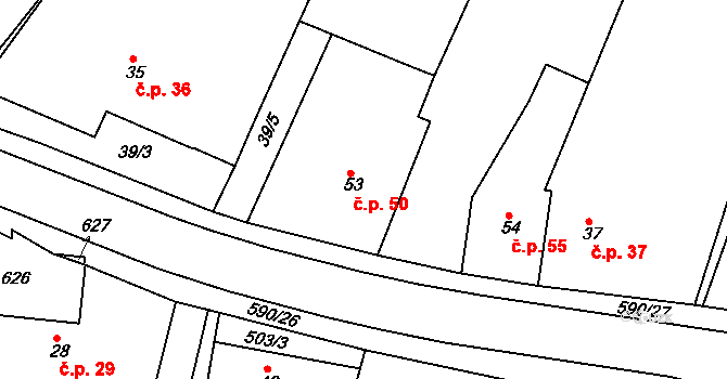 Lhota 50, Přelouč na parcele st. 53 v KÚ Lhota pod Přeloučí, Katastrální mapa