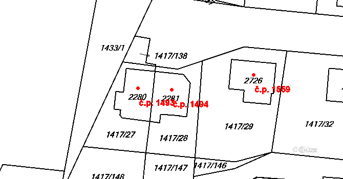 Přelouč 1494 na parcele st. 2281 v KÚ Přelouč, Katastrální mapa