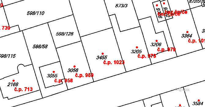 Bílé Předměstí 1023, Pardubice na parcele st. 3455 v KÚ Pardubice, Katastrální mapa