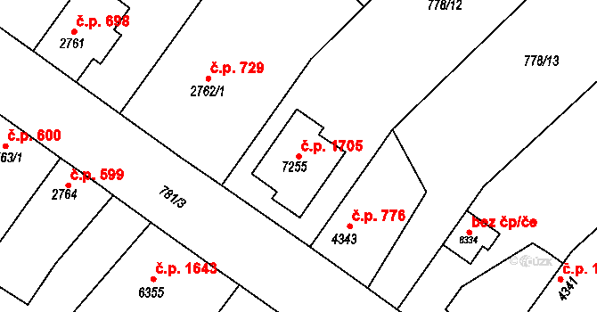 Bílé Předměstí 1705, Pardubice na parcele st. 7255 v KÚ Pardubice, Katastrální mapa