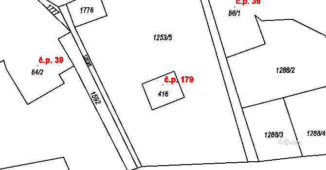 Mezina 179 na parcele st. 416 v KÚ Mezina, Katastrální mapa